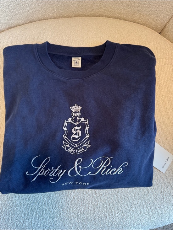 Sporty & Rich Tops - Sporty & Rich Navy Sweatshirt with White Crest